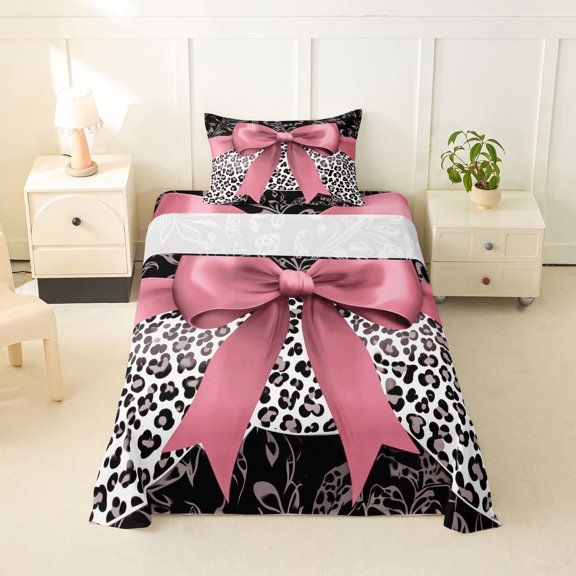 spefrowx Gothic Pink Bow Twin Sheets for Girls, Black Leopard Print Bedding, 3-Piece, 1 Flat Sheet, 1 Fitted Sheet and 1 Pillowcase