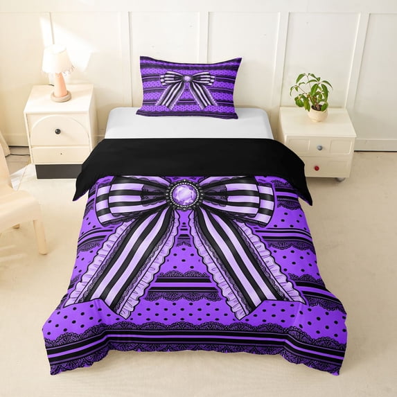 spefrowx Gothic Purple Striped Bow Twin Duvet Cover for Girls, Black Polkadots Lines Twin Bedding, Black Reversible, 2pcs, 1 Duvet Cover and 1 Pillowcase