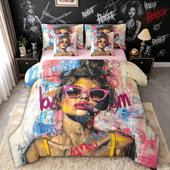spefrowx Graffiti Abstract Girl Queen Bedding for Kids, Pink Sunglass Paint Splash Bedding Comforter Set Queen, Pink Reversible, 7 Pieces