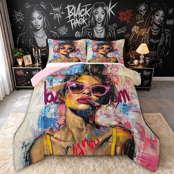 spefrowx Graffiti Abstract Girl Queen Comforter Set for Kids, Pink Sunglass Paint Splash Comforter Sets Queen, Pink Reversible, 3 Pieces, 1 Comforter and 2 Pillowcases
