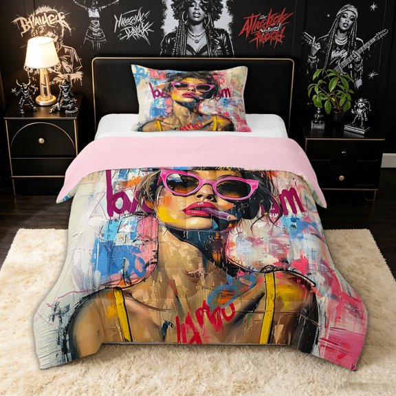 spefrowx Graffiti Abstract Girl Twin Comforter Sets for Kids, Pink Sunglass Paint Splash Bedding Set, Pink Reversible, 2 Pieces, 1 Comforter and 1 Pillowcase