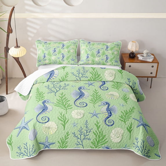 spefrowx Green Striped Seahorse Quilt Full for Boys, Coral Spiral Conch Full Bedspread Sets, 3 Pieces