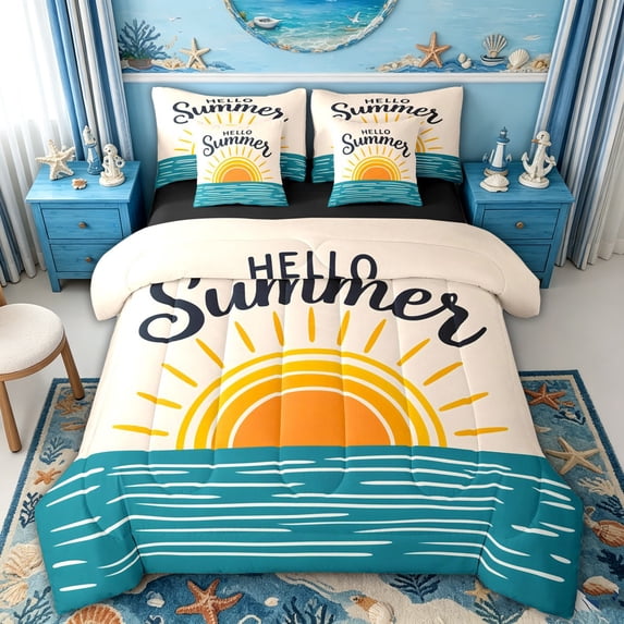 spefrowx Hello Summer Queen Bedding for Kids, Orange Retro Sun Wave Seaside Bedding Comforter Set Queen, Black Reversible, 7 Pieces