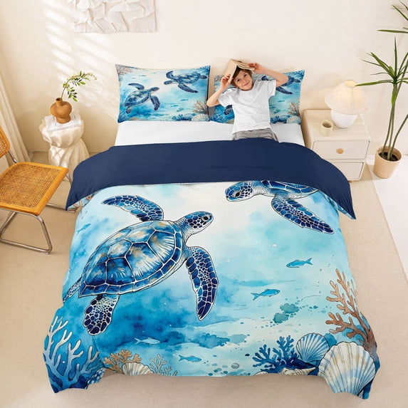 spefrowx Ink Blue Sea Turtle Duvet Cover Queen for Kids Boys, Teal Coral Fish Seabed Print Queen Bedding, Navy Reversible, 3 Pieces, 1 Duvet Cover and 2 Pillowcases