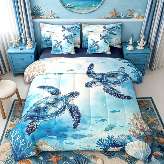 spefrowx Ink Blue Sea Turtle Twin Bedding for Kids Boys, Teal Coral Fish Seabed Print Bedding Comforter Set, Navy Reversible, 7 Pieces