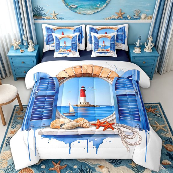spefrowx Ink Lighthouse Twin Bedding for Girls Women, Blue Ocean Starfish Sailboat Bedding Comforter Set, Navy Reversible, 7pcs