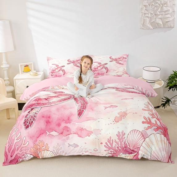 spefrowx Ink Pink Turtle Bedding for Women Girls, Blush Coral Fish Seashell Duvet Cover Full, Pink Reversible, 3pcs, 1 Duvet Cover and 2 Pillowcases