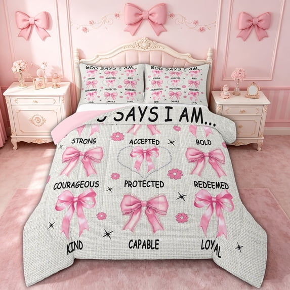 spefrowx Inspirational Style Quote Print Queen Comforter Set for Kids, Kawaii Pink Bow Comforter Sets Queen, Pink Reversible, 3-Piece, 1 Comforter and 2 Pillowcases