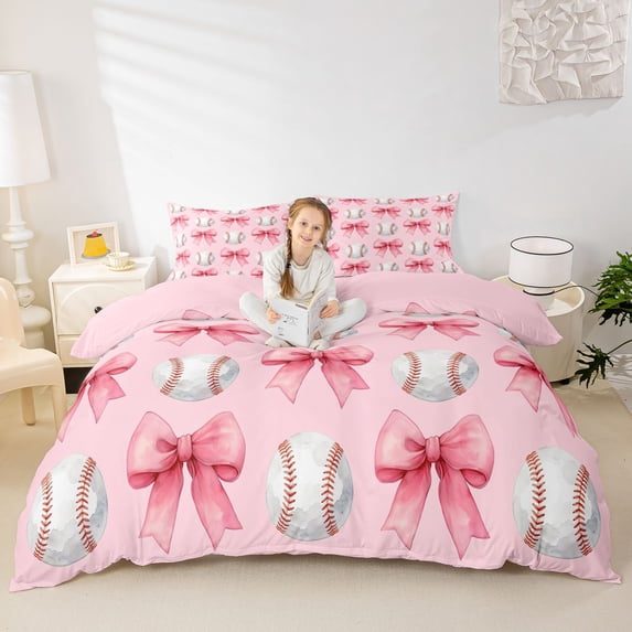 spefrowx Kawaii Baseball Print Bedding for Girls, Pink Princess Bowknot Duvet Cover Full, Pink Reversible, 3pcs, 1 Duvet Cover and 2 Pillowcases