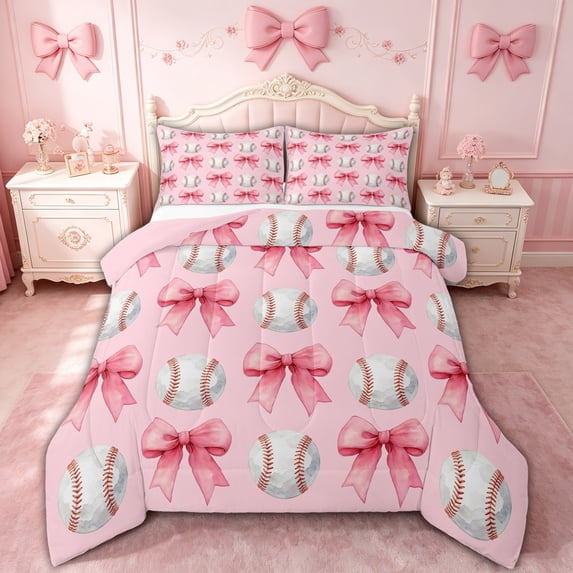spefrowx Kawaii Baseball Print Full Size Comforter Sets for Girls, Pink Princess Bowknot Bedding Comforter Set, Pink Reversible, 3pcs, 1 Comforter and 2 Pillowcases