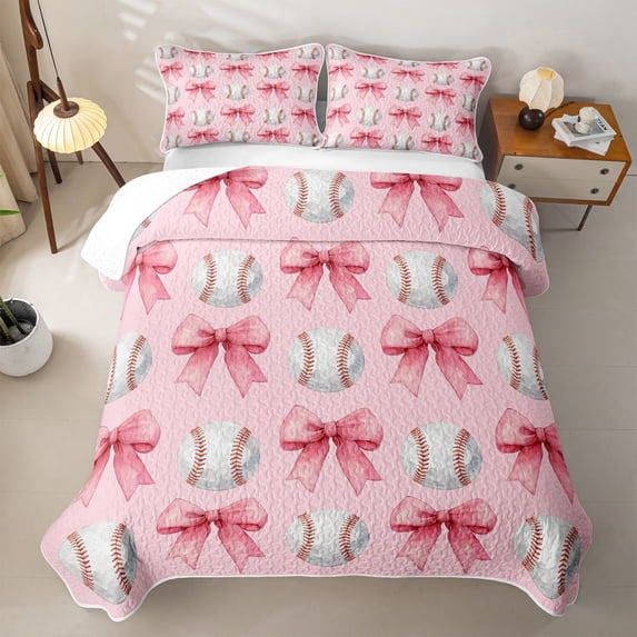 spefrowx Kawaii Baseball Print Quilt King for Girls, Pink Princess Bowknot King Coverlet Set, 3pcs