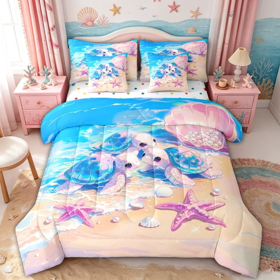 spefrowx Kawaii Beach Turtle Twin Bedding for Girls, Pink Gloss Pearl Clam Shell Starfish Bedding Comforter Set, Polka Dot Reversible, 7pcs