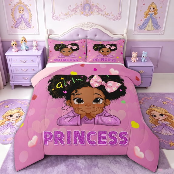 spefrowx Kawaii Black Princess Girl Queen Comforter Set for Kids, Pink Glitter Heart Bow Comforter Sets Queen, Pink Reversible, 3-Piece, 1 Comforter and 2 Pillowcases