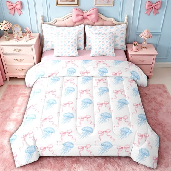 spefrowx Kawaii Blue Jellyfish Twin Bedding for Girls, Pink Watercolor Bow Ribbon Bedding Comforter Set, Pink Reversible, 7pcs