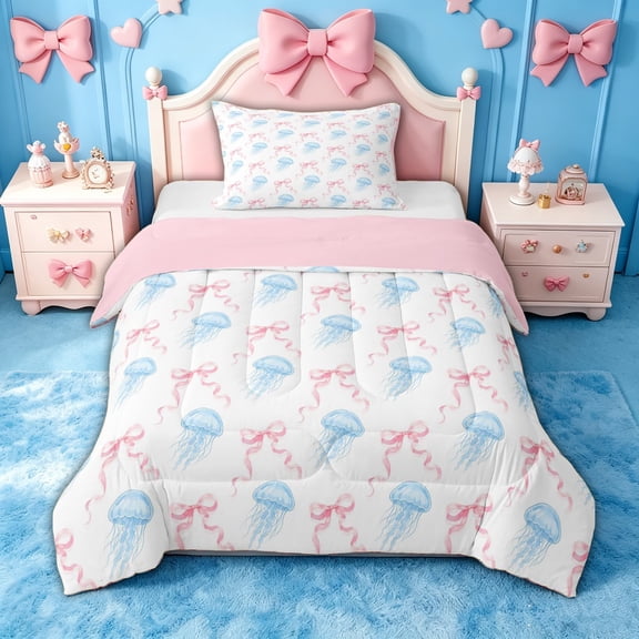 spefrowx Kawaii Blue Jellyfish Twin Comforter Sets for Girls, Pink Watercolor Bow Ribbon Bedding Set, Pink Reversible, 2pcs, 1 Comforter and 1 Pillowcase