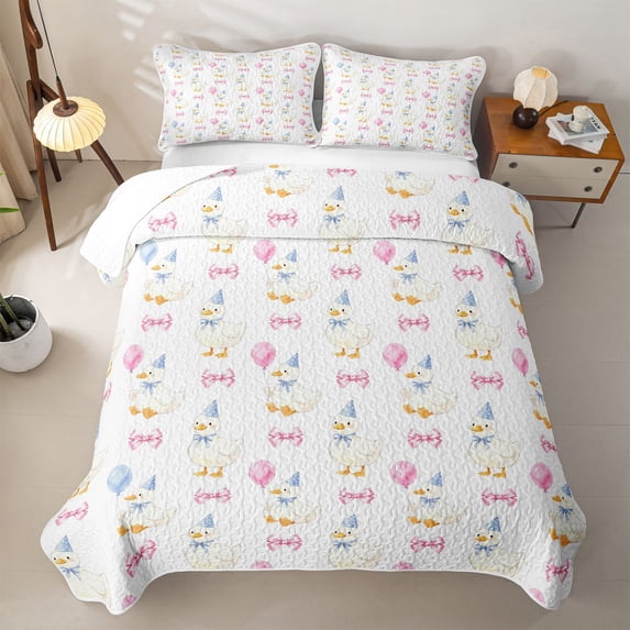 spefrowx Kawaii Bow Duck Quilt Full for Girls Boys, Pink Watercolor Party Balloon Full Bedspread Sets, 3pcs