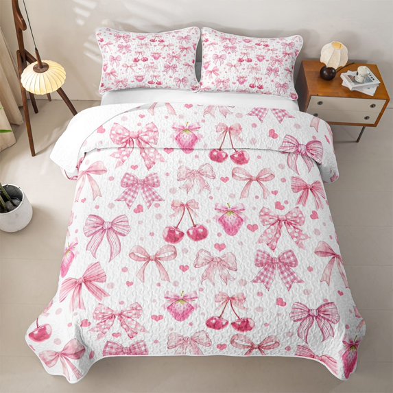 spefrowx Kawaii Buffalo Bow Quilt Full for Girls Boys, Pink Fruit Cherry Strawberry Full Bedspread Sets, 3 Pieces