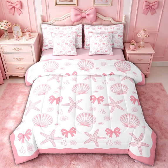 spefrowx Kawaii Coastal Bowknot Queen Bedding for Girls, Pink Sea Shell Starfish Bedding Comforter Set Queen, Pink Reversible, 7pcs