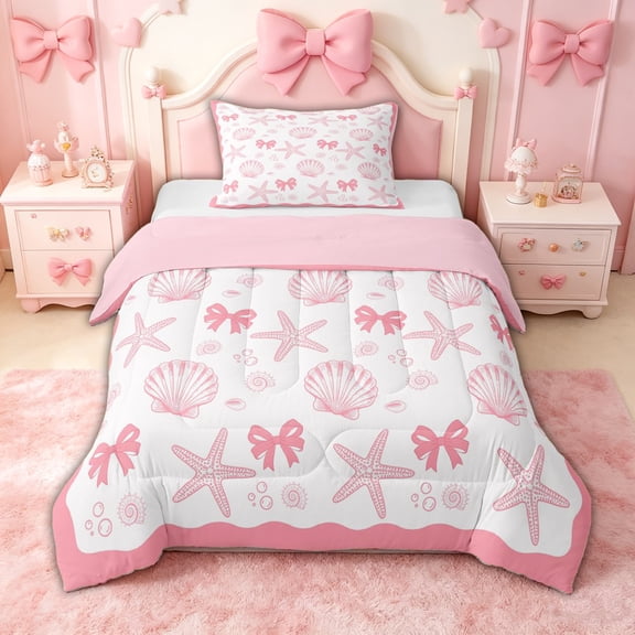spefrowx Kawaii Coastal Bowknot Twin Comforter Sets for Girls, Pink Sea Shell Starfish Bedding Set, Pink Reversible, 2pcs, 1 Comforter and 1 Pillowcase