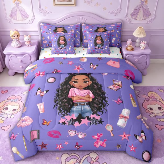 spefrowx Kawaii Fashion Black Girl Twin Bedding for Teens, Purple Makeup Lip Bedding Comforter Set, Polka Dot Reversible, 7 Pieces