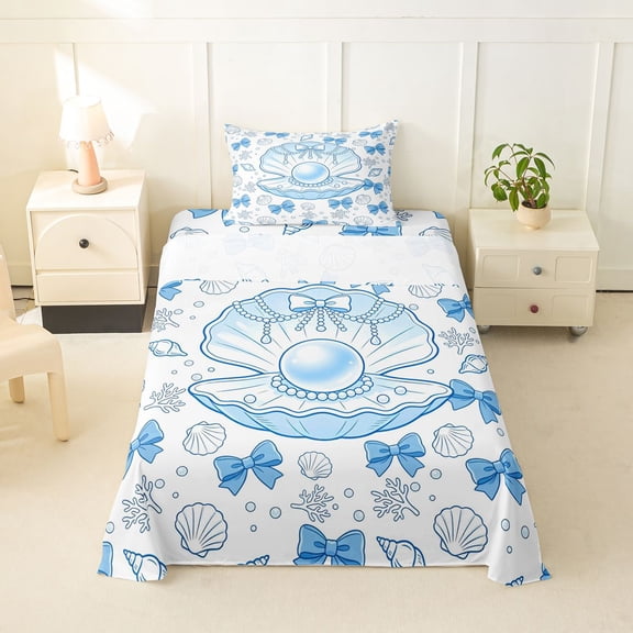 spefrowx Kawaii Pearl Shell Coral Twin Sheets for Kids, Blue Mermaid Bowknot Bedding, 3pcs, 1 Flat Sheet, 1 Fitted Sheet and 1 Pillowcase
