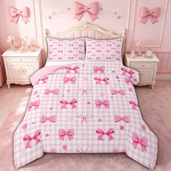spefrowx Kawaii Pink Bow Gingham Queen Comforter Set for Girls, Pink Checkered Dot Comforter Sets Queen, Pink Reversible, 3pcs, 1 Comforter and 2 Pillowcases