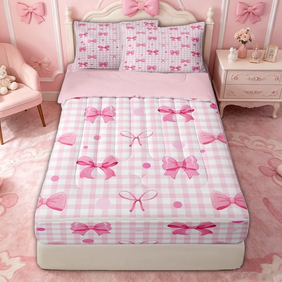 spefrowx Kawaii Pink Bow Gingham Zipper Twin Comforter Sets with Fitted Sheet and 2 Pillowcases for Girls, Pink Checkered Dot Zipper Bedding Set, Pink Reversible, 4pcs