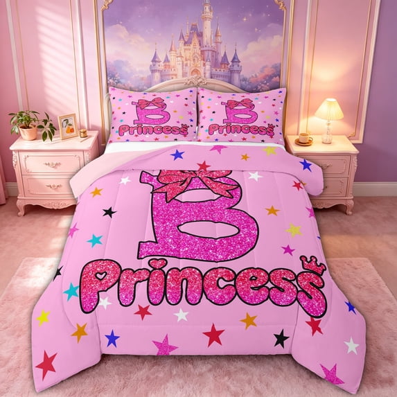 spefrowx Kawaii Princess Initial B Queen Comforter Set for Girls, Pink Sequin Print Ribbon Comforter Sets Queen, Pink Reversible, 3 Pieces, 1 Comforter and 2 Pillowcases