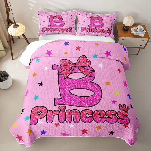 spefrowx Kawaii Princess Initial B Twin Quilt Set for Girls, Pink Sequin Print Ribbon Twin Coverlet Set, 2 Pieces