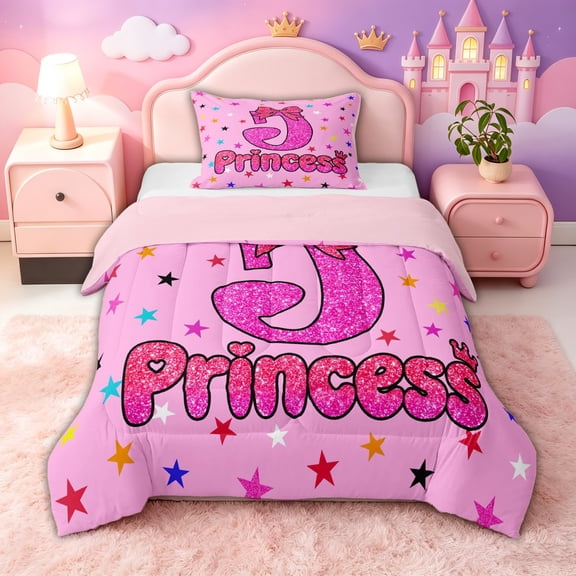spefrowx Kawaii Princess Initial J Twin Comforter Sets, Pink Sequin Print Ribbon Bedding Set, Pink Reversible, 2pcs, 1 Comforter and 1 Pillowcase
