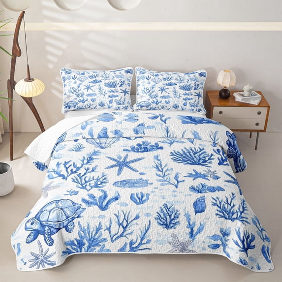spefrowx Kawaii Sea Turtle Twin Quilt Set for Boys, Ocean Coral Starfish Seashell Twin Coverlet Set, 2-Piece