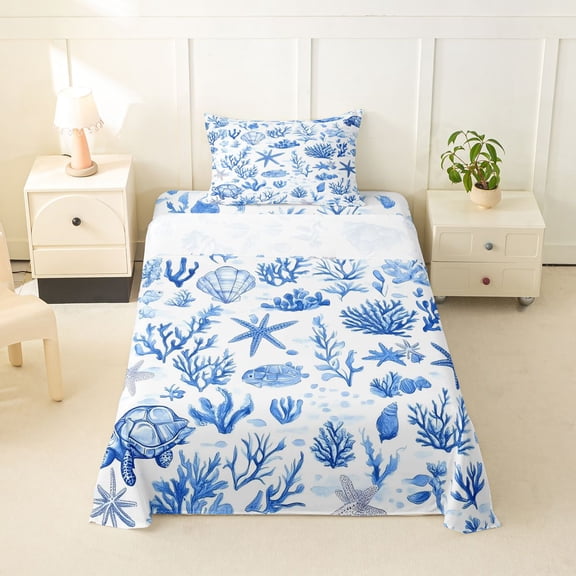spefrowx Kawaii Sea Turtle Twin Sheets for Kids Boys, Ocean Coral Starfish Seashell Bedding, 3-Piece, 1 Flat Sheet, 1 Fitted Sheet and 1 Pillowcase
