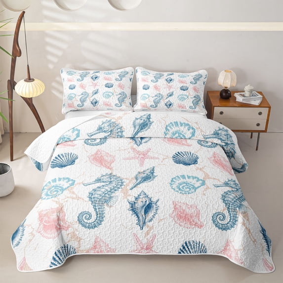 spefrowx Kawaii Seahorse Quilt King for Boys, Blue Pink Conch Starfish King Coverlet Set, 3-Piece