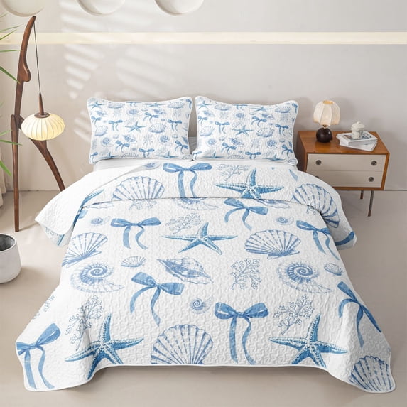 spefrowx Kawaii Seashell Bed Spread Queen for Girls, Blue Bow Starfish Ocean Queen Coverlet Set, 3 Pieces