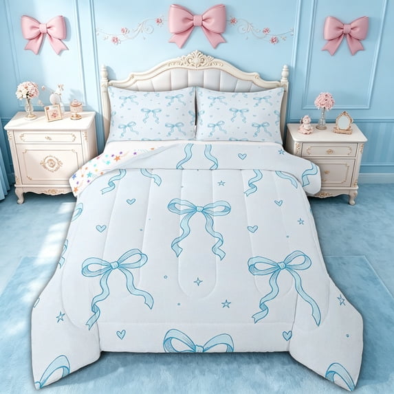spefrowx Kawaii Sketch Bowknot Queen Comforter Set, Cartoon Blue Love Heart Star Comforter Sets Queen, Stars Reversible, 3 Pieces, 1 Comforter and 2 Pillowcases