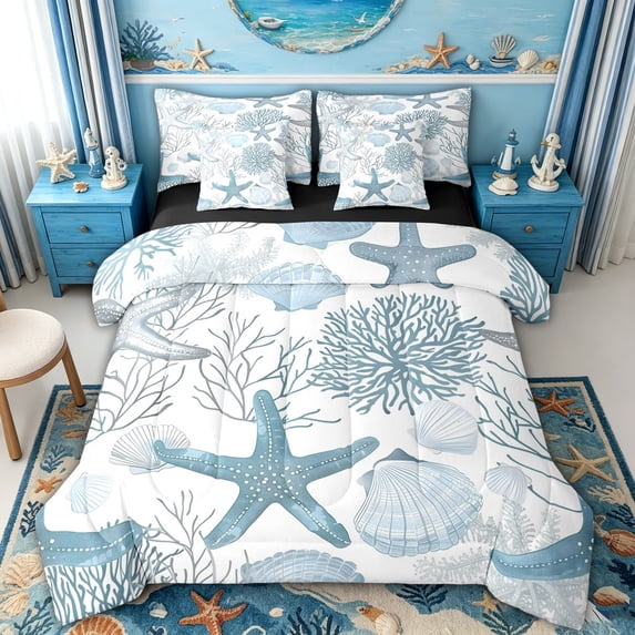 spefrowx Kawaii Starfish King Bedding for Kids, Blue Line Coral Scallop King Bed in a Bag, Black Reversible, 7-Piece