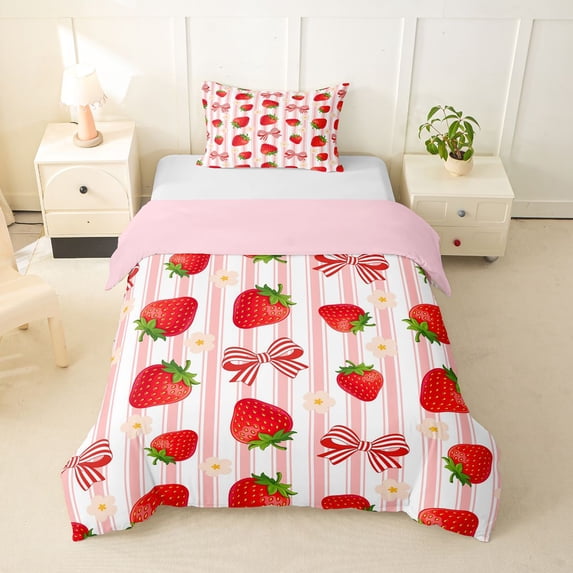 spefrowx Kawaii Strawberry Bow Print Twin Duvet Cover for Girls, Pink Stripe Floral Twin Bedding, Pink Reversible, 2 Pieces, 1 Duvet Cover and 1 Pillowcase