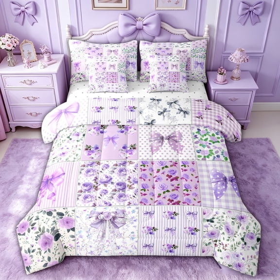 spefrowx Lavender Floral Bow Twin Bedding for Kids, Polka Dot Ribbon Bedding Comforter Set, Reversible, 7 Pieces