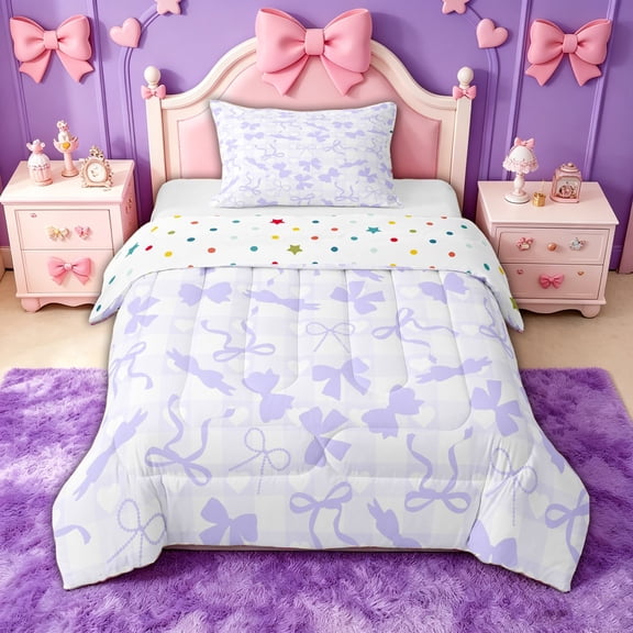 spefrowx Lavender Gingham Bow Twin Comforter Sets for Girls, Kawaii Love Heart Silhouette Bedding Set, Polka Dot Reversible, 2-Piece, 1 Comforter and 1 Pillowcase