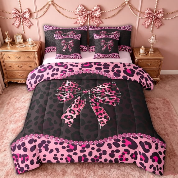 spefrowx Leopard Print Bow Print Twin Bedding for Women, Black Pink Polkadot Bedding Comforter Set, Pink Reversible, 7pcs