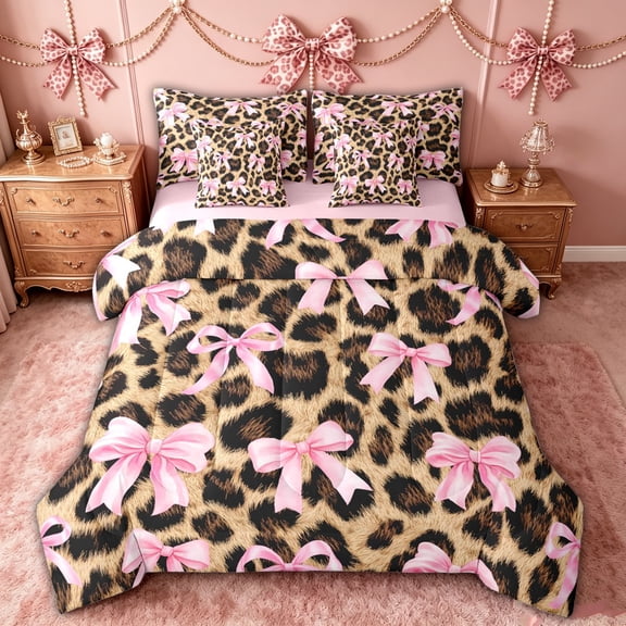 spefrowx Leopard Print Bow Twin Bedding for Kids, Pink Brown Ribbon Bedding Comforter Set, Pink Reversible, 7 Pieces