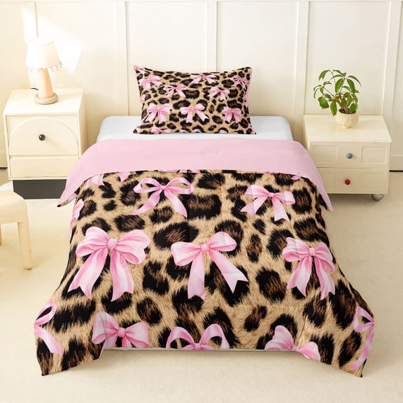 spefrowx Leopard Print Bow Twin Comforter Sets for Kids, Pink Brown Ribbon Bedding Set, Pink Reversible, 2 Pieces, 1 Comforter and 1 Pillowcase