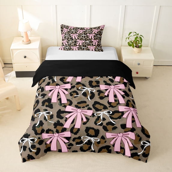spefrowx Leopard Print Bow Twin Duvet Cover for Girls, Pink Brown Animal Print Twin Bedding, Black Reversible, 2 Pieces, 1 Duvet Cover and 1 Pillowcase