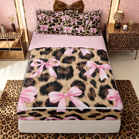 spefrowx Leopard Print Bow Zipper Twin Comforter Sets with Fitted Sheet and 2 Pillowcases for Kids, Pink Brown Ribbon Zipper Bedding Set, Pink Reversible, 4 Pieces