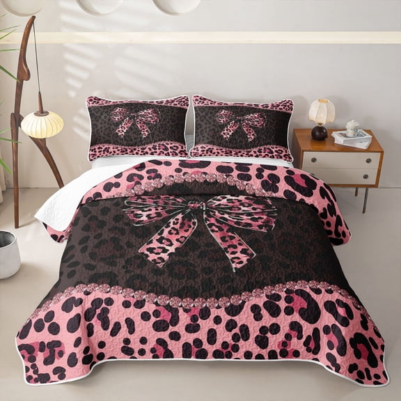 spefrowx Leopard Print Bowknot Quilt Full for Girls, Pink Black Fashion Style Full Bedspread Sets, 3 Pieces