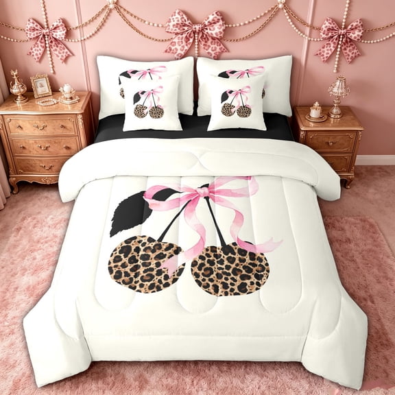 spefrowx Leopard Print Cherry Twin Bedding, Pink Watercolor Ribbon Bedding Comforter Set, Black Reversible, 7-Piece