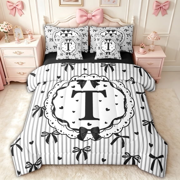 spefrowx Letter T Bowknot Queen Bedding for Girls, Watercolor Ribbon Love Heart Bedding Comforter Set Queen, Black Reversible, 7pcs