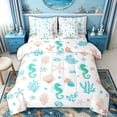 thumbnail image 1 of spefrowx Line Art Seahorse King Bedding for Kids, Teal Coral Starfish Shell King Bed in a Bag, Polka Dot Reversible, 7-Piece, 1 of 6