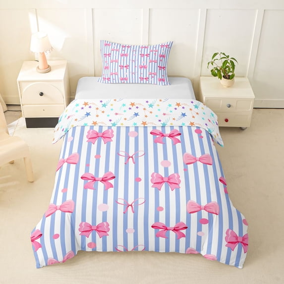 spefrowx Lined Bow Twin Duvet Cover for Girls, Pink Blue Stripe Abstract Twin Bedding, Stars Reversible, 2pcs, 1 Duvet Cover and 1 Pillowcase