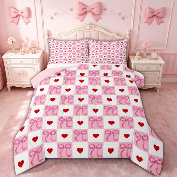 spefrowx Love Heart Bow Queen Comforter Set for Girls, Pink White Buffalo Comforter Sets Queen, Pink Reversible, 3 Pieces, 1 Comforter and 2 Pillowcases